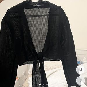 Zara tie front black long sleeve shirt